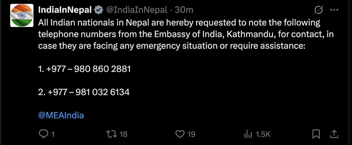 Indian Assembly provide helpline number in nepal